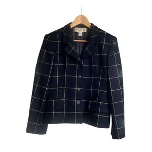 Jones New York Navy Blue & White Box Detail Semi Cropped Blazer